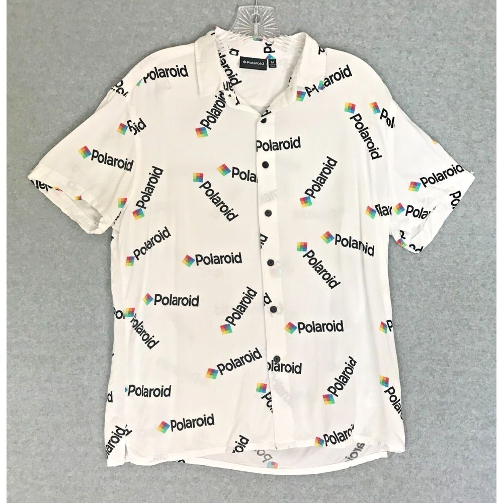 Polaroid Shirt Men's Medium All Over Print White‎ Button Up Short Sleeve AOP